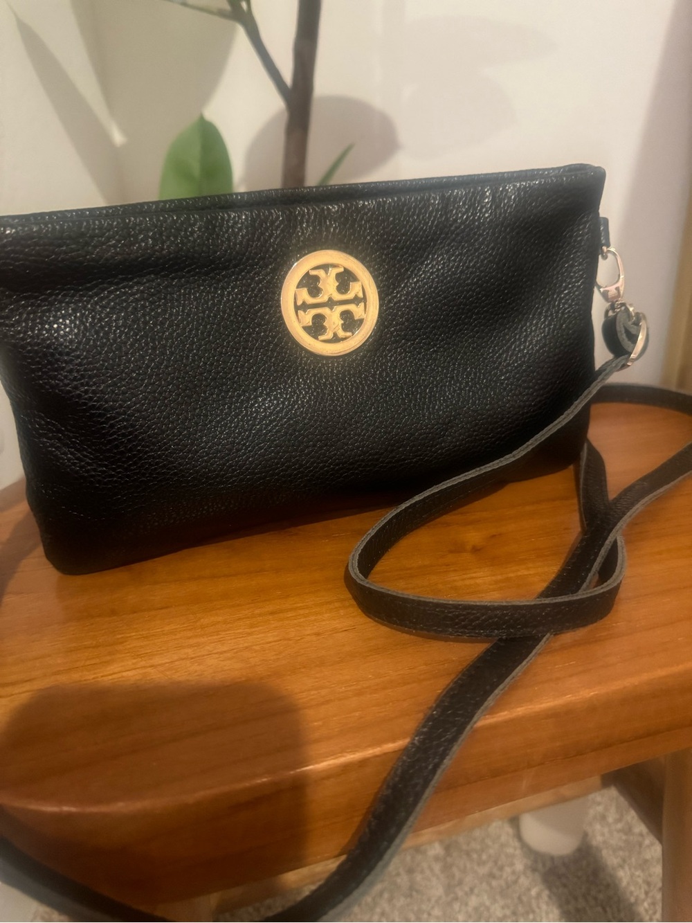 Tory Burch Black Pebbled Leather Crossbody with Gold Logo Medallion